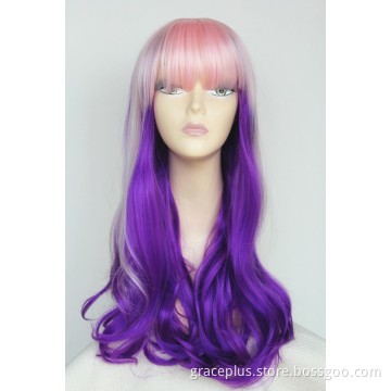 cheap synthetic hair cosplay wig factory price, violet purple with pink ombre wigs